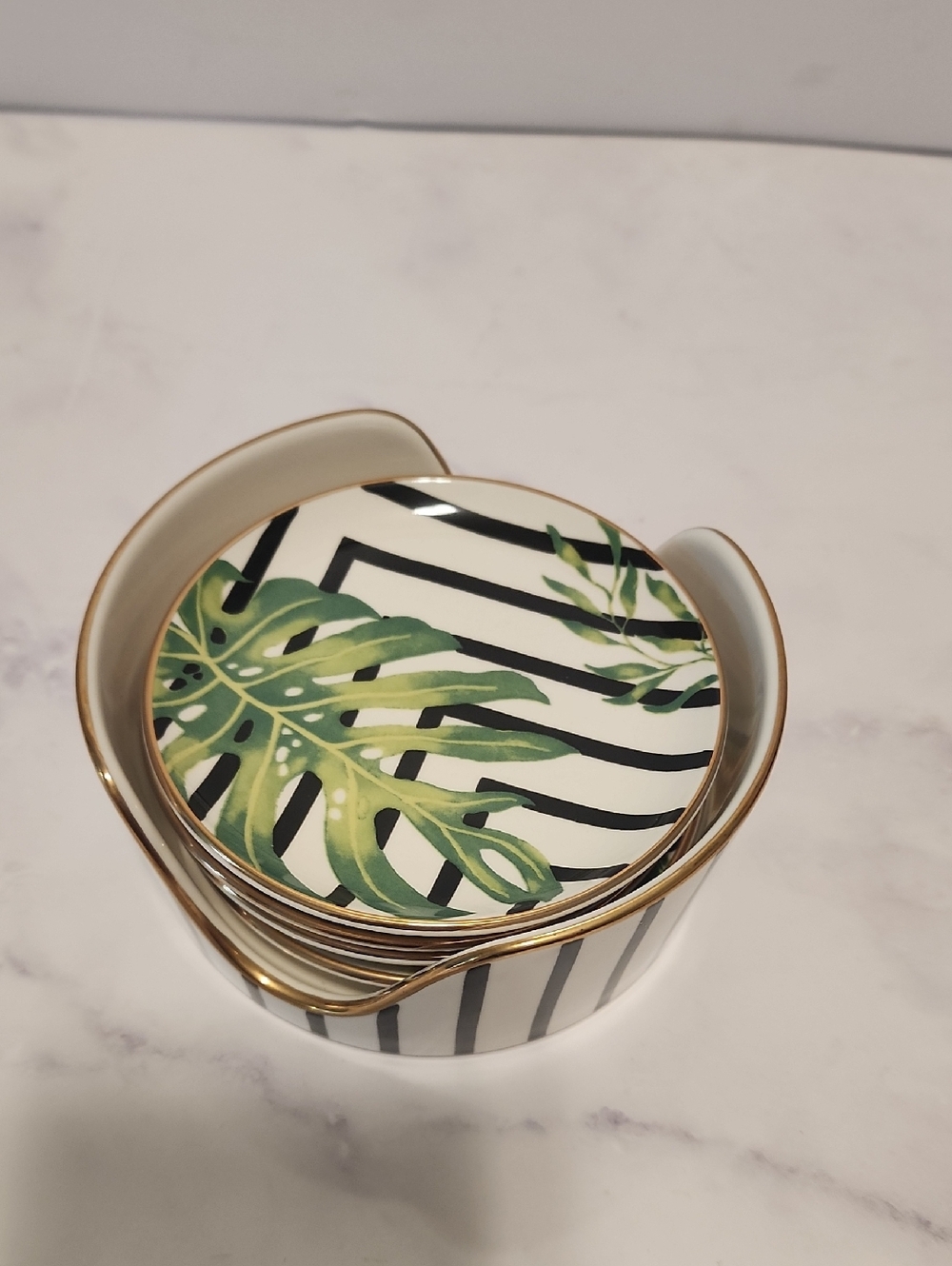 Lenox Ceramic Tropical Leaf Coaster Set with Gold Trim - Green